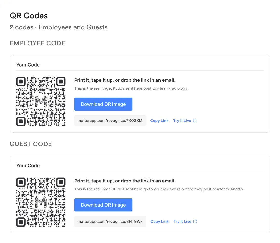 The recognition QR codes admin page in Matter, with an employee code and a guest code, each with a Download QR Image button and its link