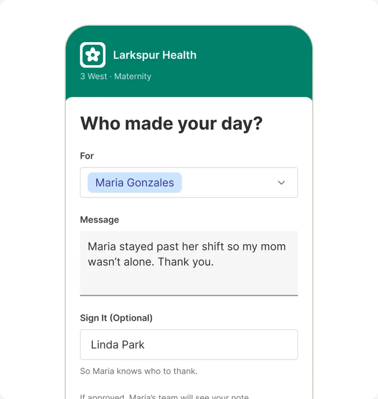 Sample guest thank you form on a phone: Who made your day, with the person being thanked, a message, and an optional signature