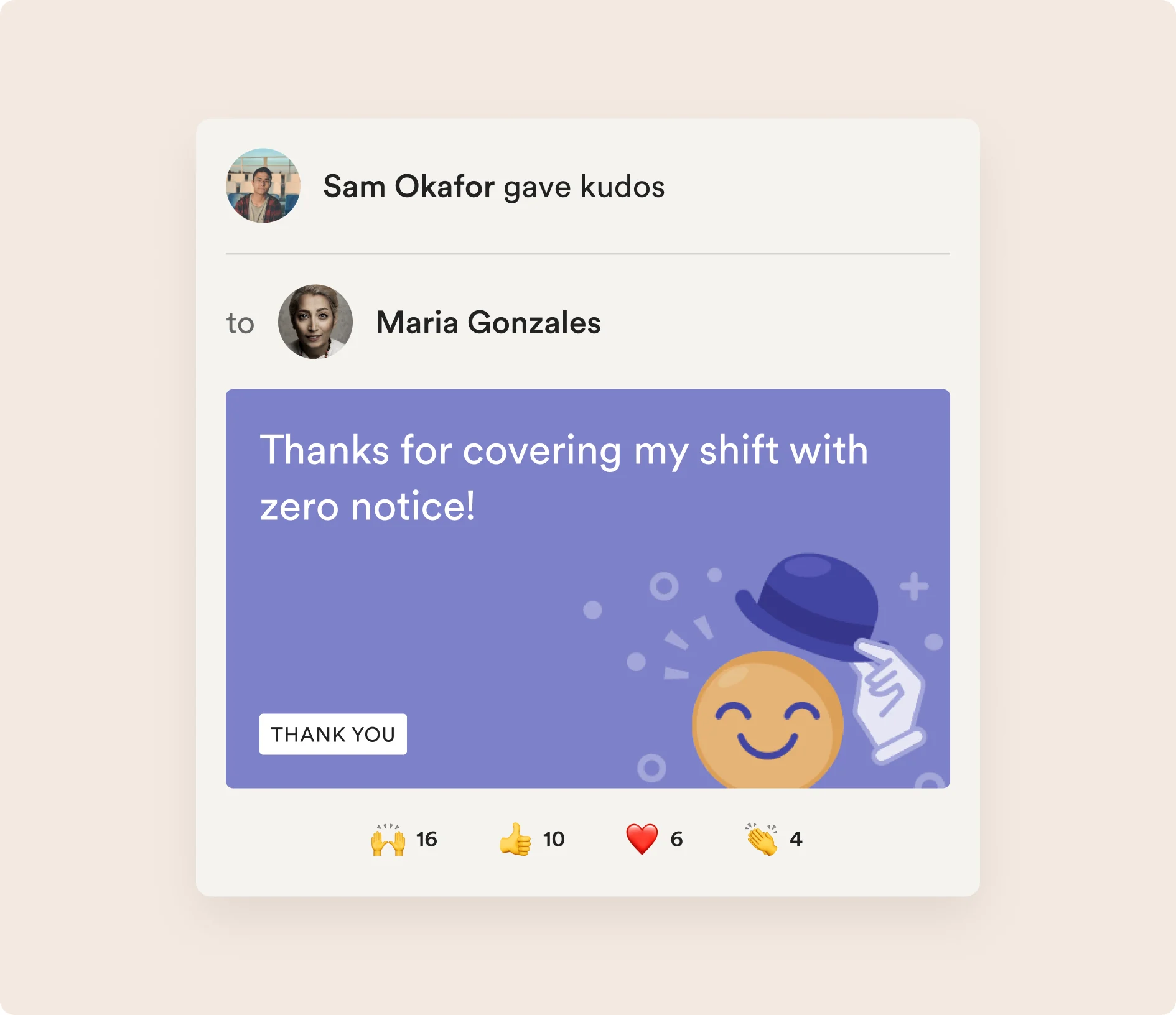 Kudos a teammate sent by scanning an employee QR code: Sam Okafor thanks Maria Gonzales, with a Slack direct message asking Sam to confirm it was him