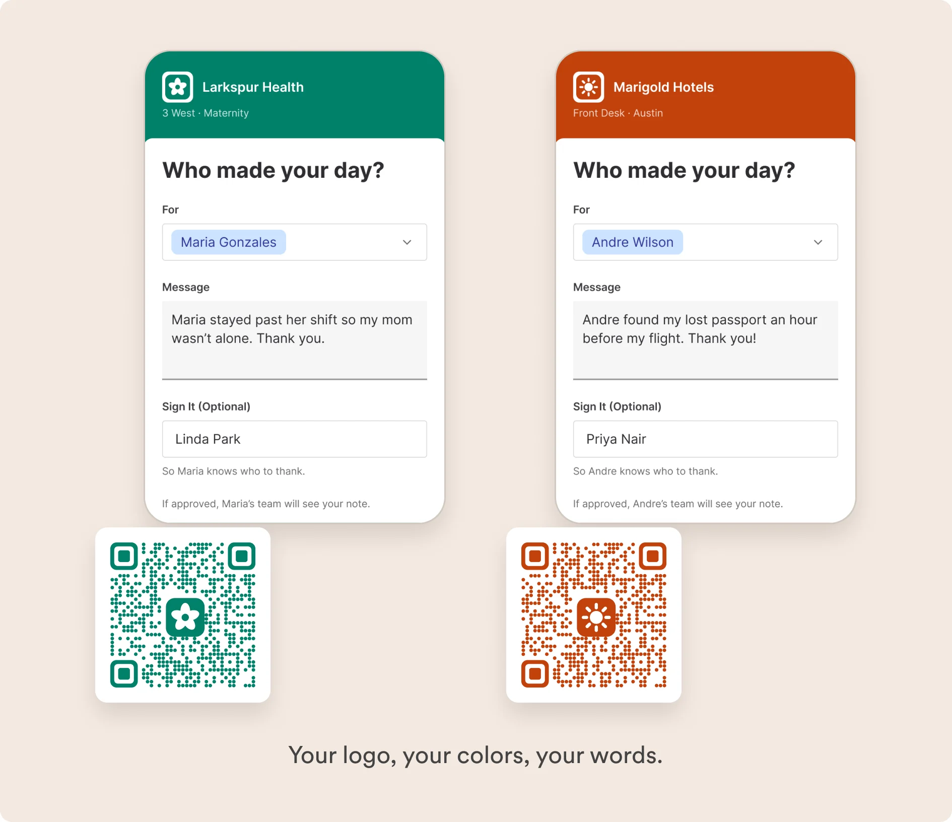 Two guest thank you pages and their QR codes, one teal and one orange, each with its own logo and colors