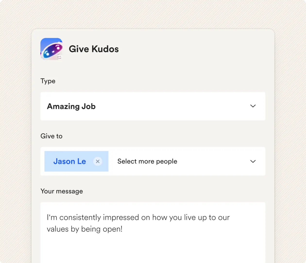 The Give Kudos dialog: kudos type, recipient and message
