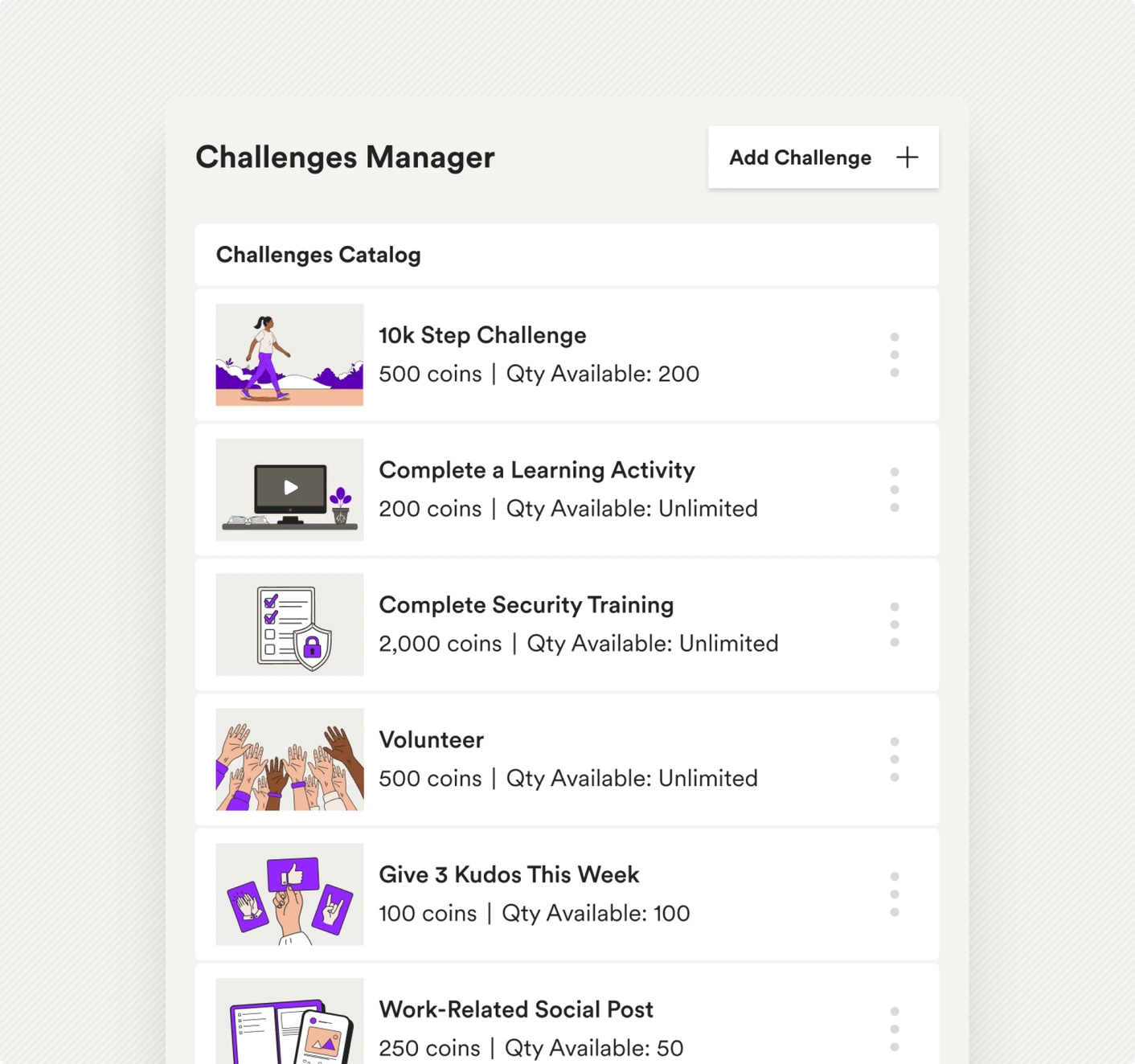 The Challenges Manager, listing a catalog of challenges and their rewards