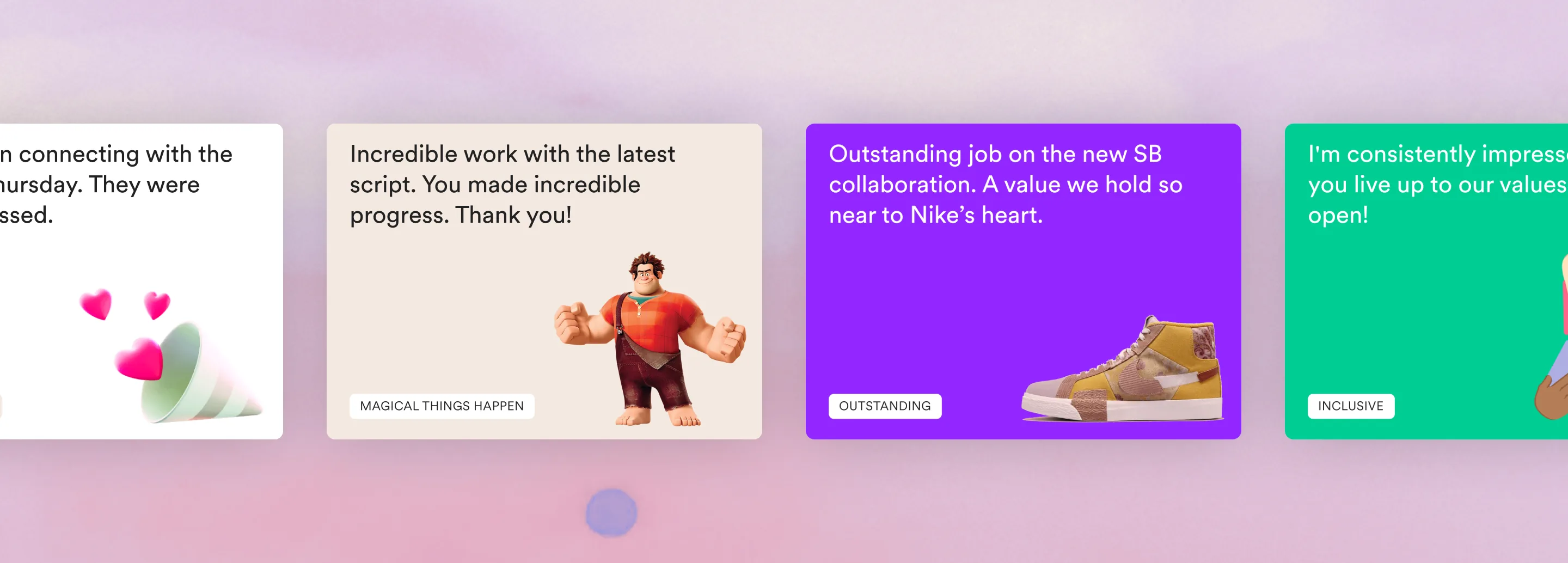 A row of kudos cards, each tagged with a company value