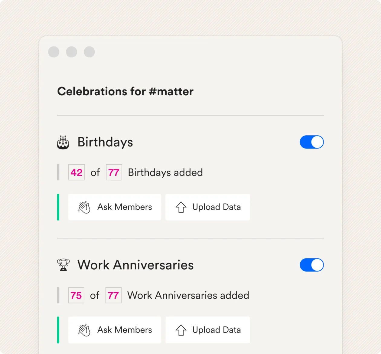 Celebrations settings showing birthdays and work anniversaries added for a channel