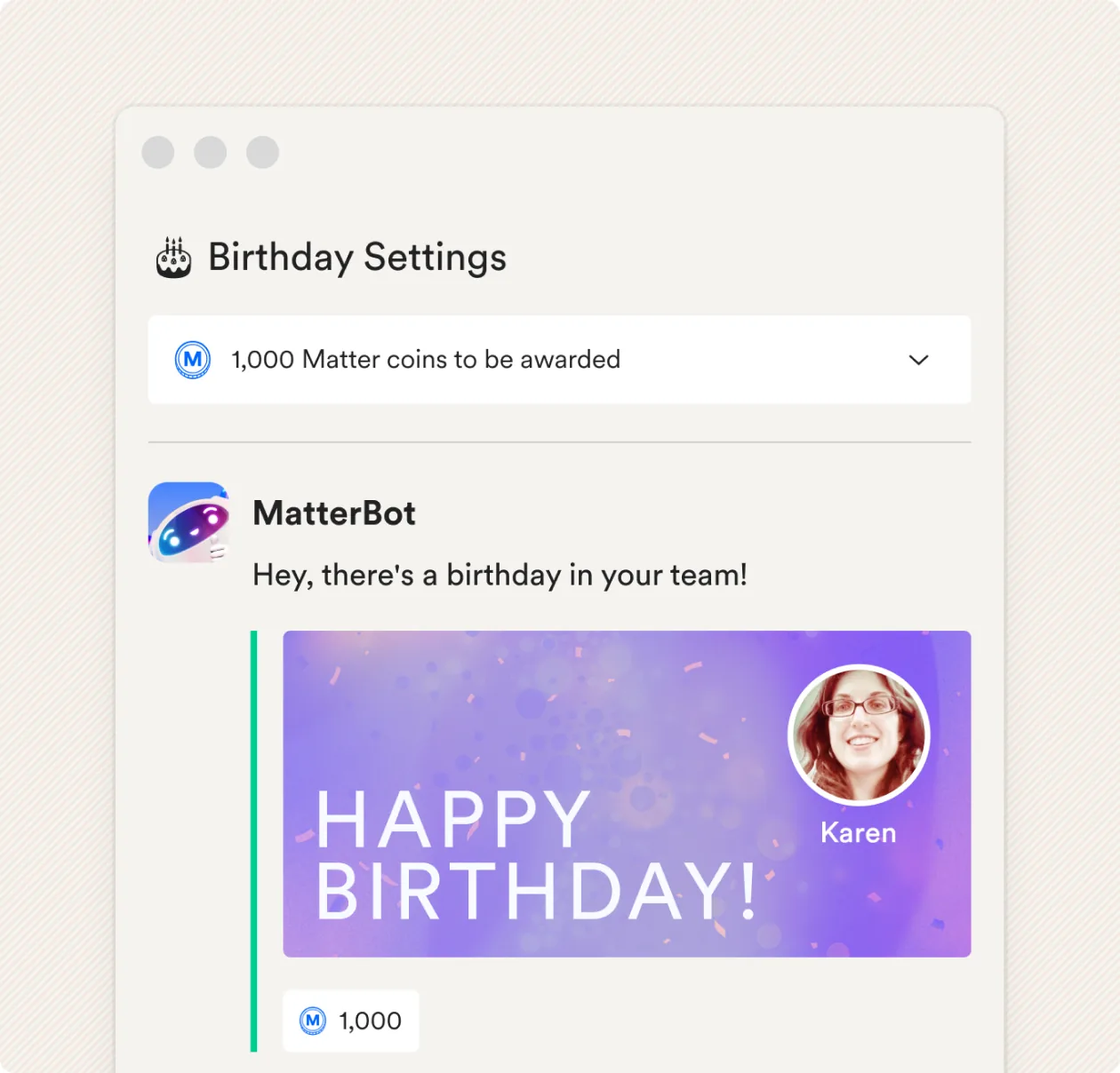 Birthday settings with 1,000 Matter coins attached to the celebration message