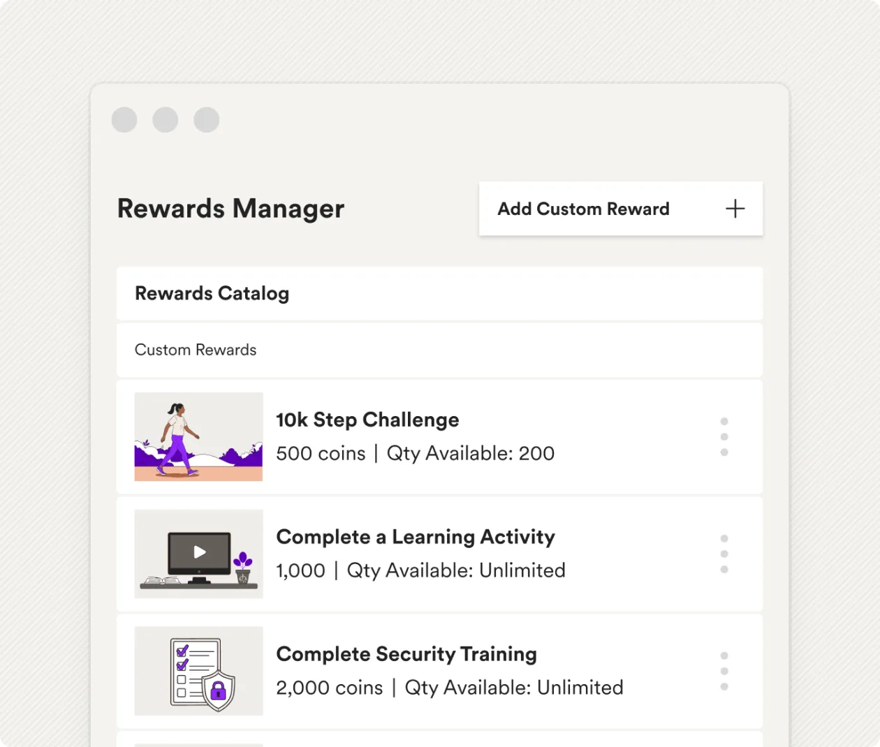 The Rewards Manager catalog of custom challenges and their coin values