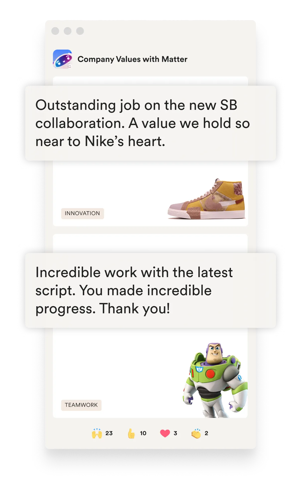 A Company Values feed in Matter, each kudos tagged with a value