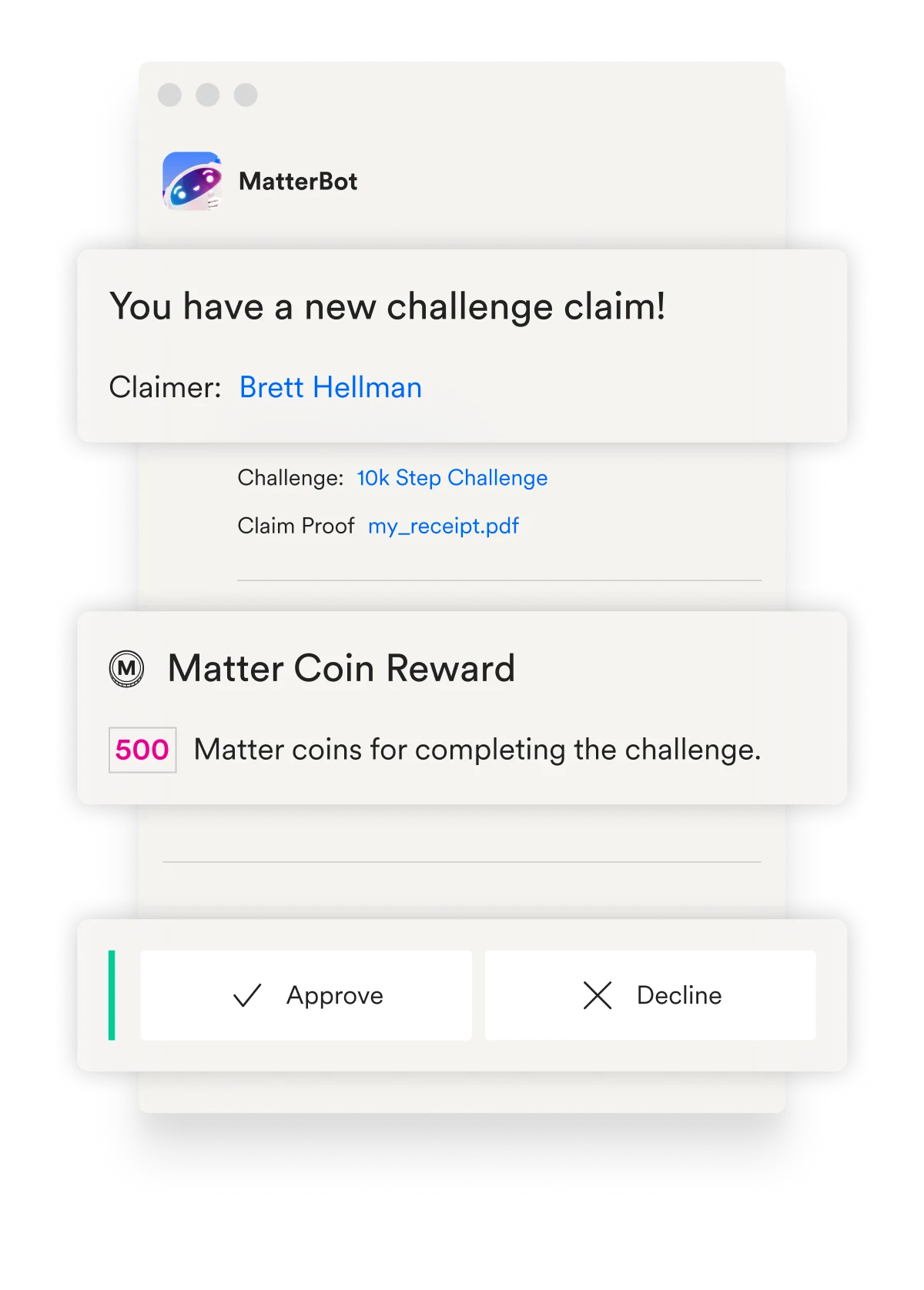 A challenge claim in Slack with Approve and Decline buttons
