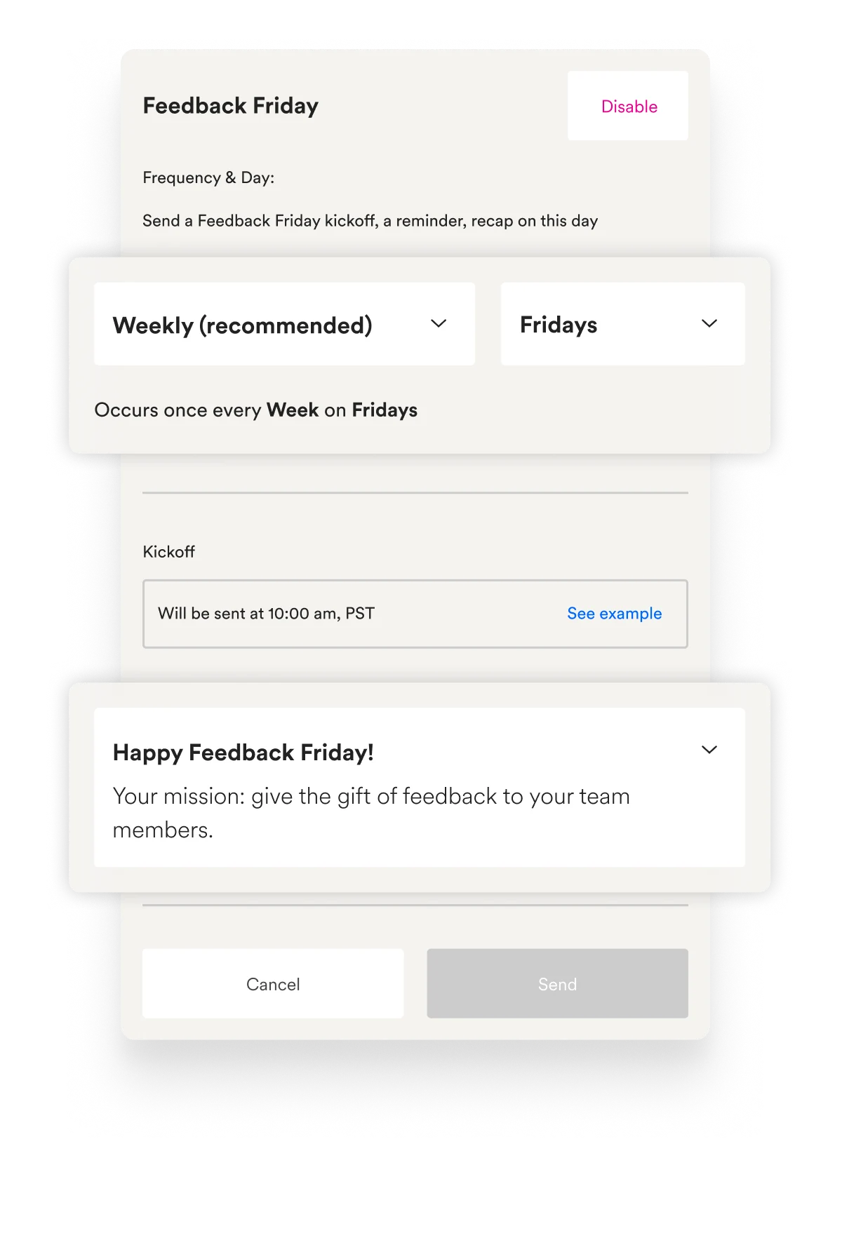 Feedback Friday settings: frequency, day, kickoff time and message