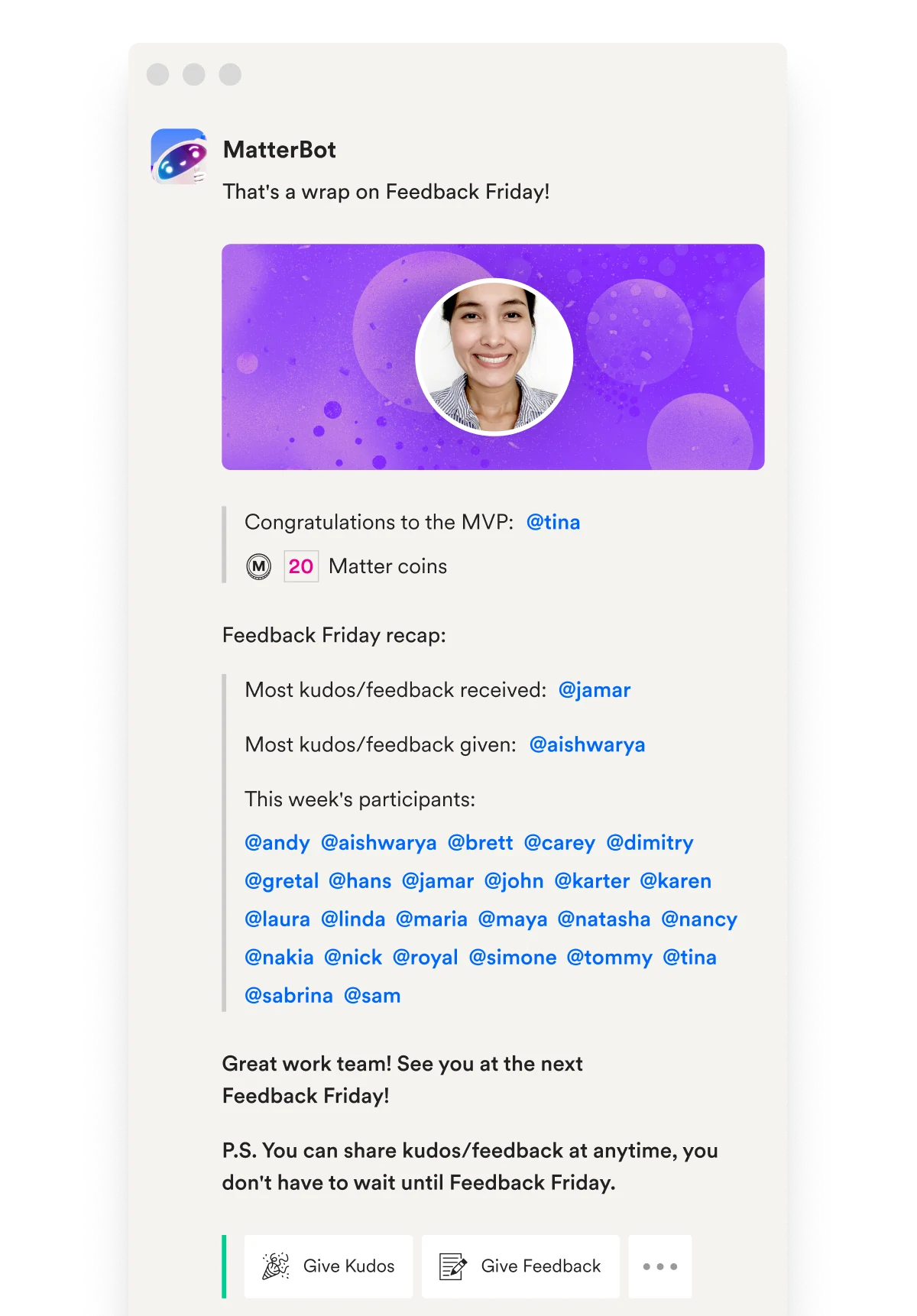 A Feedback Friday recap posted by MatterBot, naming the week’s MVP and participants