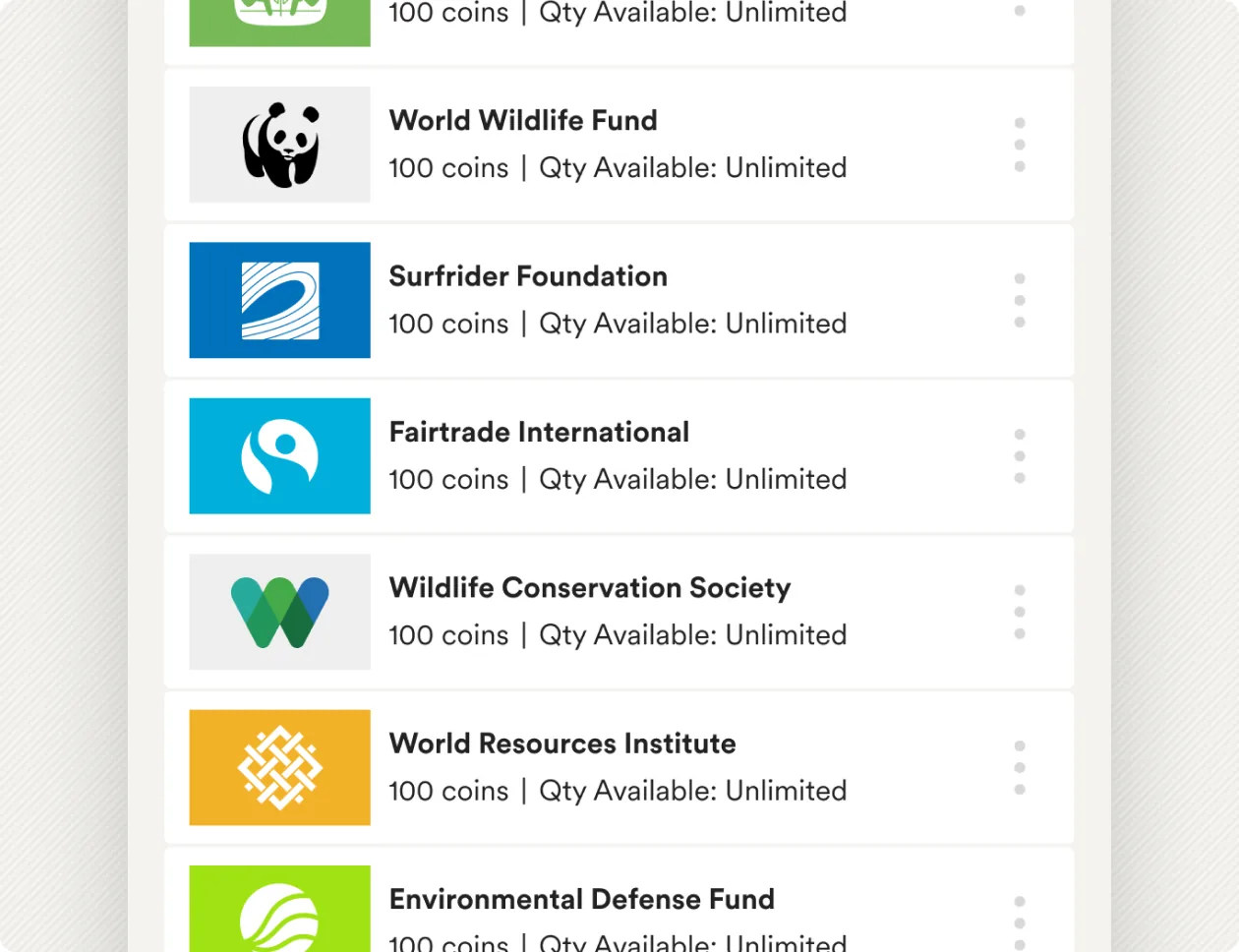 A custom donation catalogue with company-added nonprofits and their coin values
