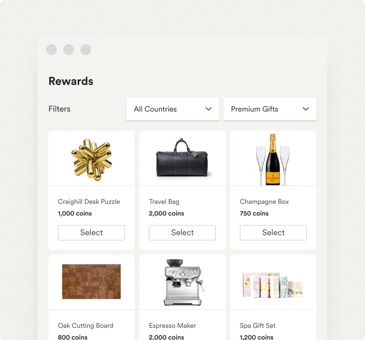 Premium gifts including a desk puzzle, travel bag, champagne box and spa set