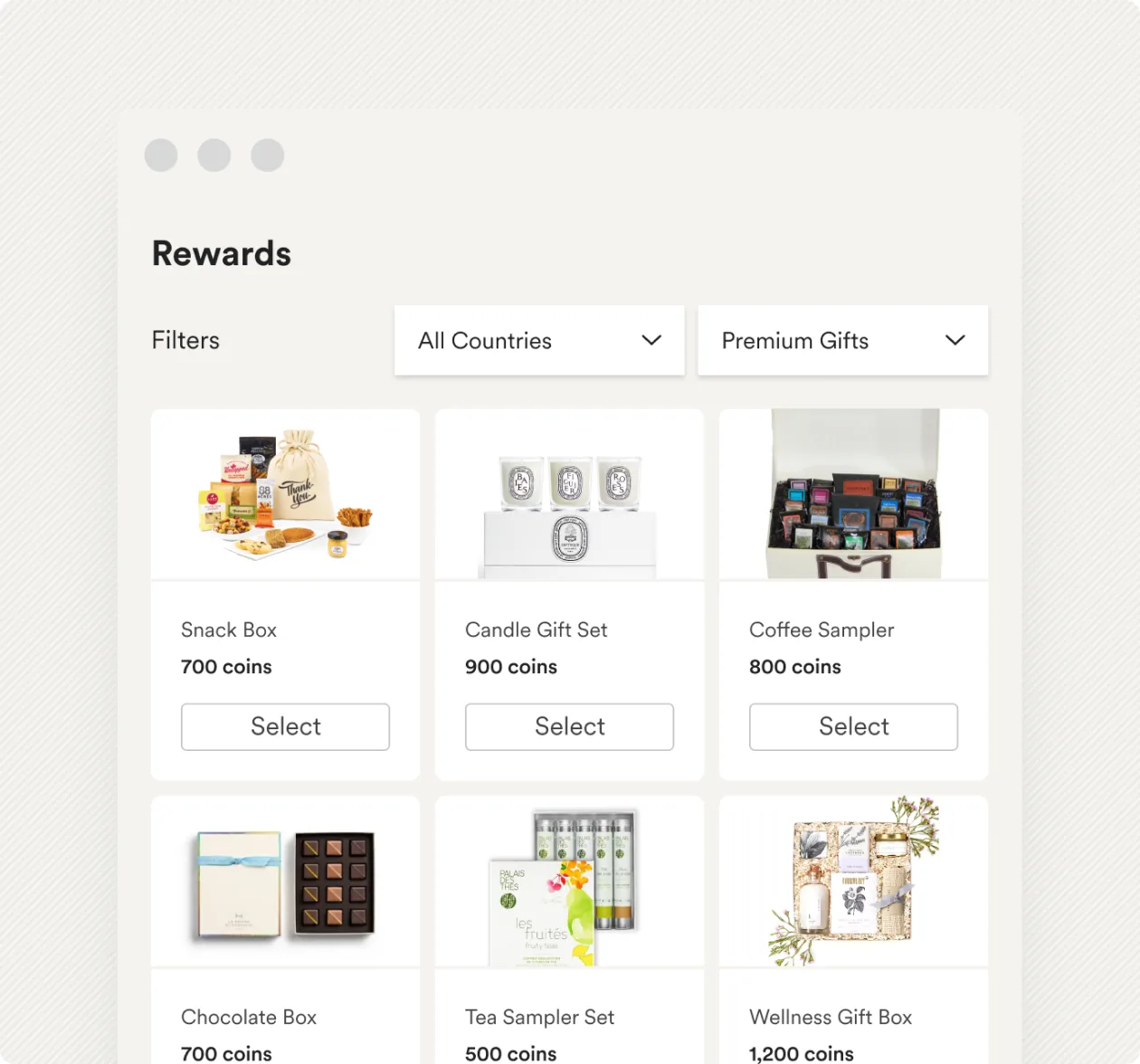 Curated gift boxes: a snack box, candle set, coffee sampler and wellness box