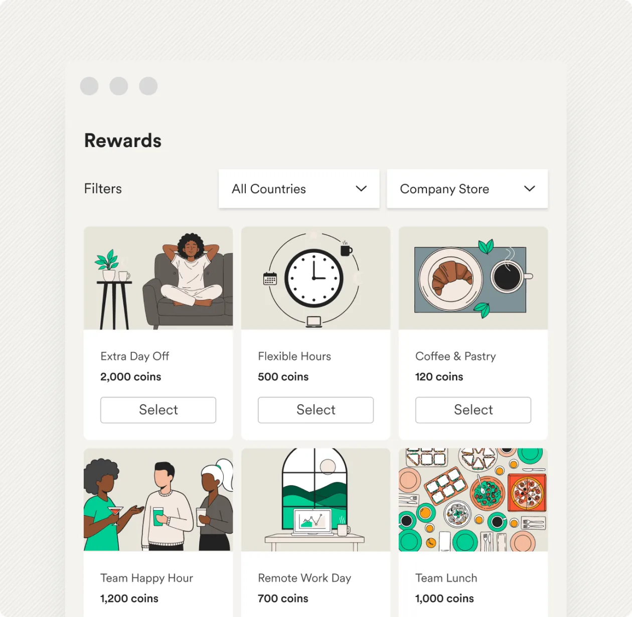 Custom company rewards including an extra day off, flexible hours and a team lunch