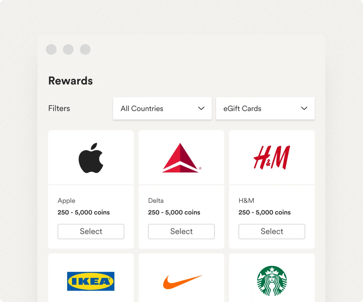 eGift cards from Apple, Delta, H&M, IKEA, Nike and Starbucks with their coin ranges