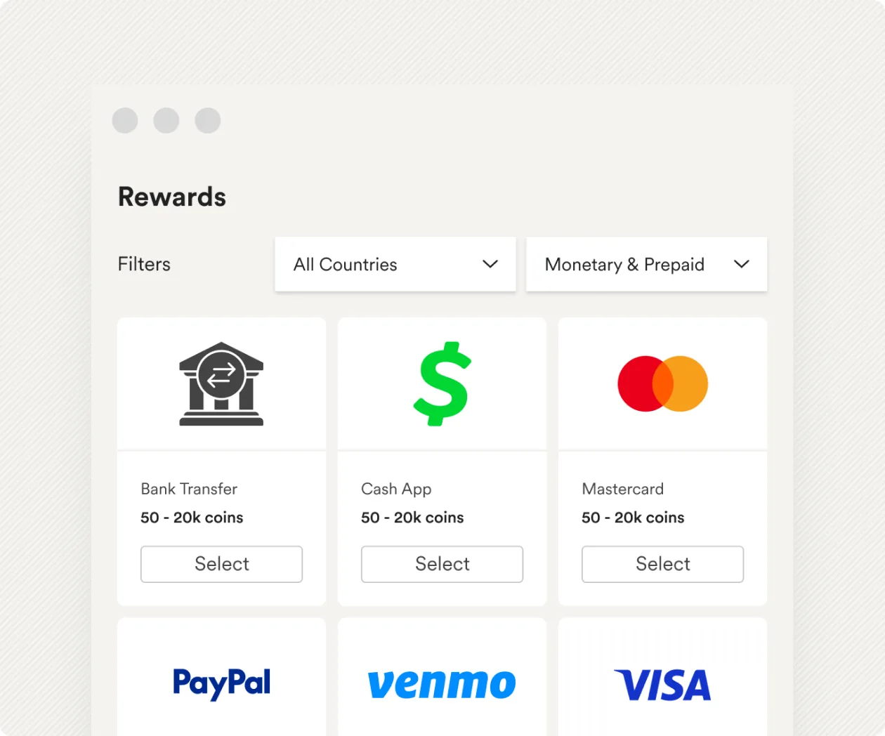 Monetary and prepaid rewards: bank transfer, cash app, Mastercard, PayPal, Venmo and Visa