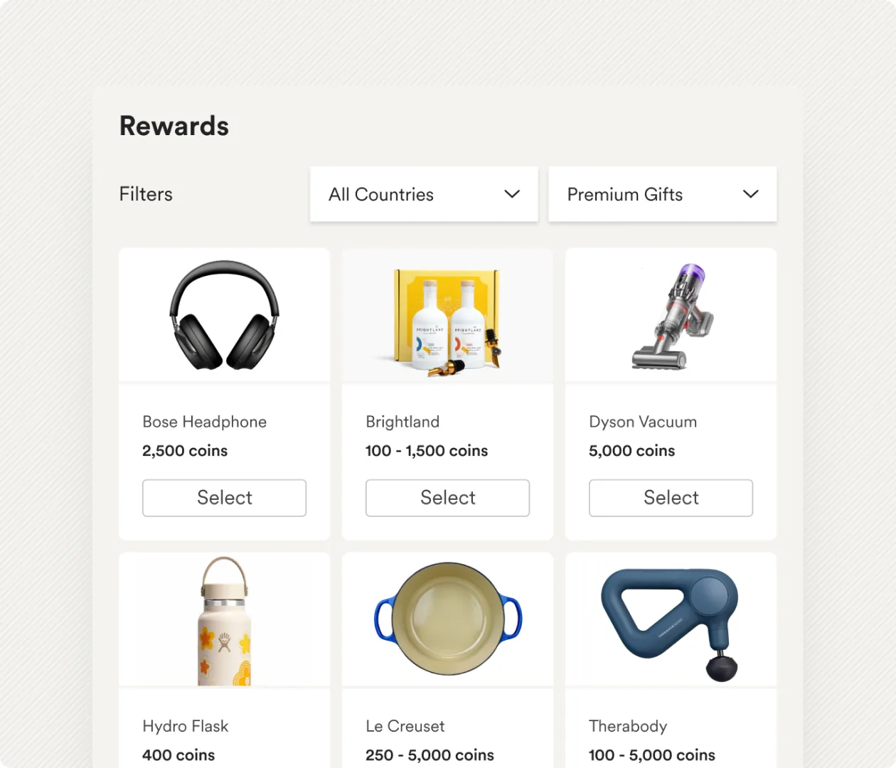 Premium gifts in the rewards catalogue, from headphones to cookware