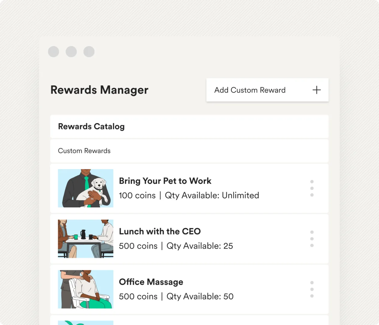 The Rewards Manager with custom company rewards and their coin values