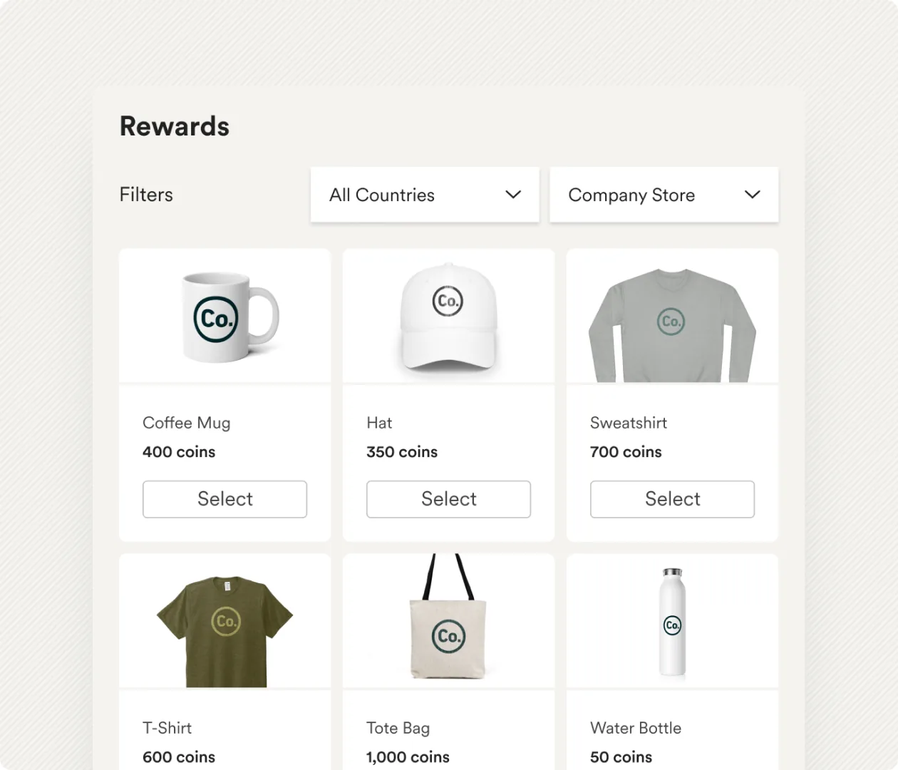 Branded swag in the rewards catalogue: a mug, cap, sweatshirt, t-shirt and tote