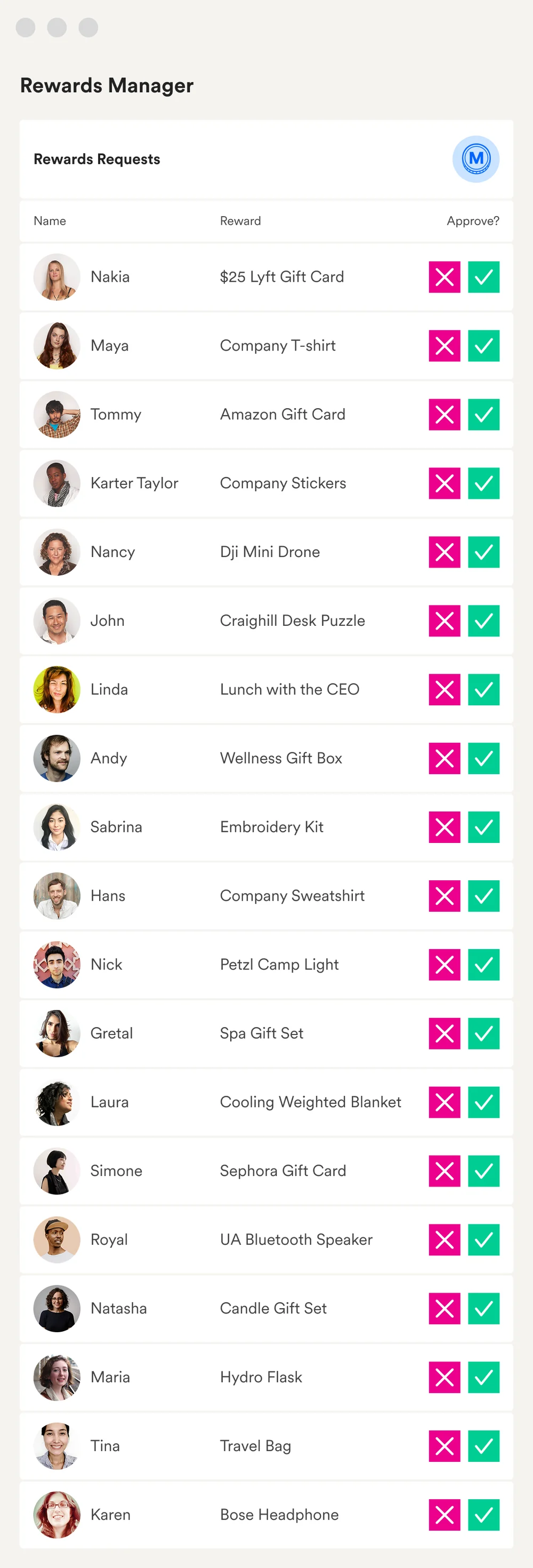 A reward approval queue: who asked for what, and the approve or decline controls