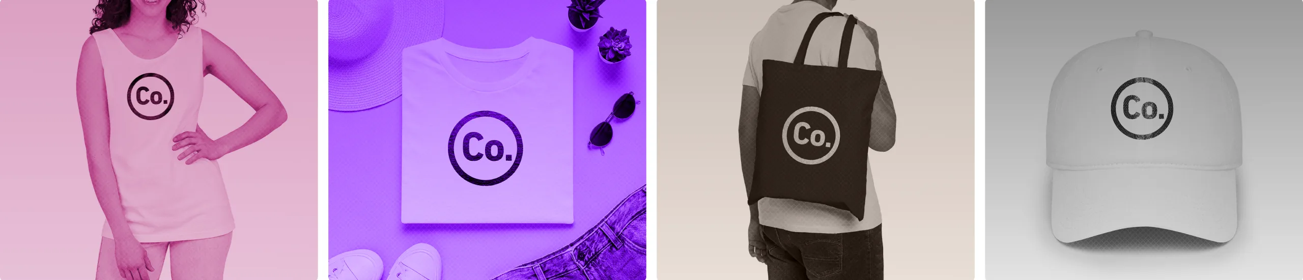Branded swag in use: a vest, t-shirt, tote bag and cap