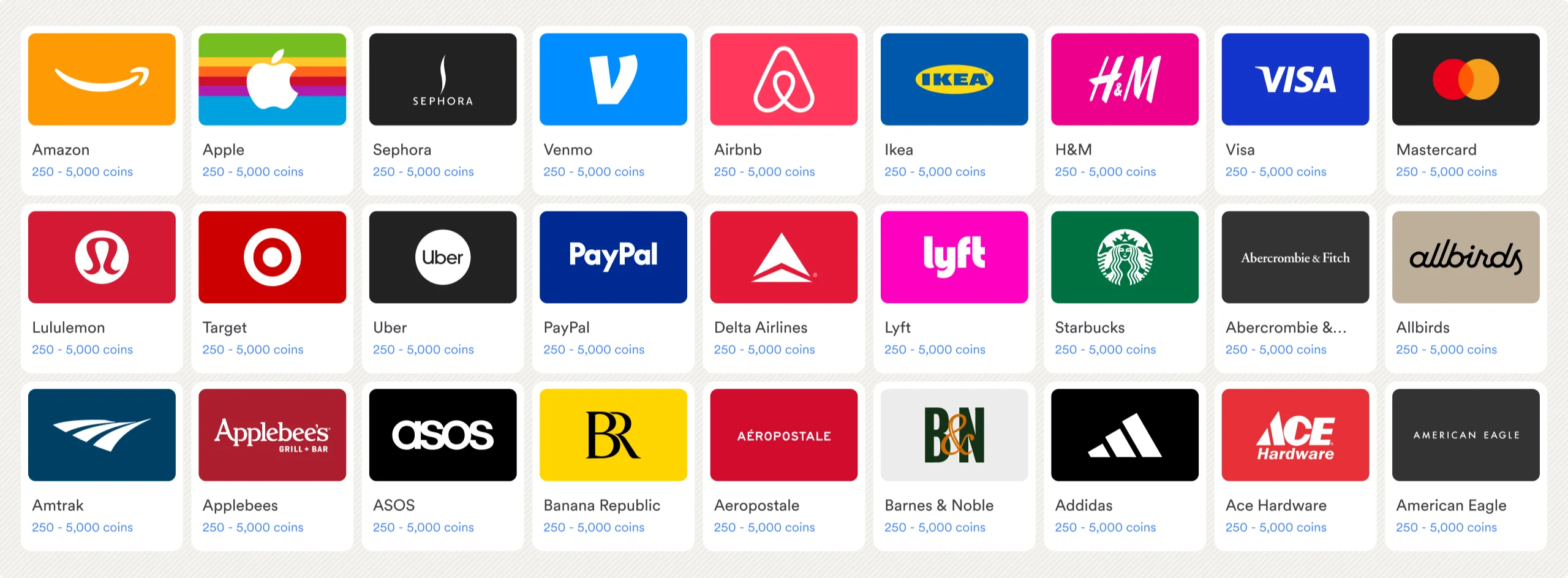 A wall of gift-card brands available through Matter, each with its coin range