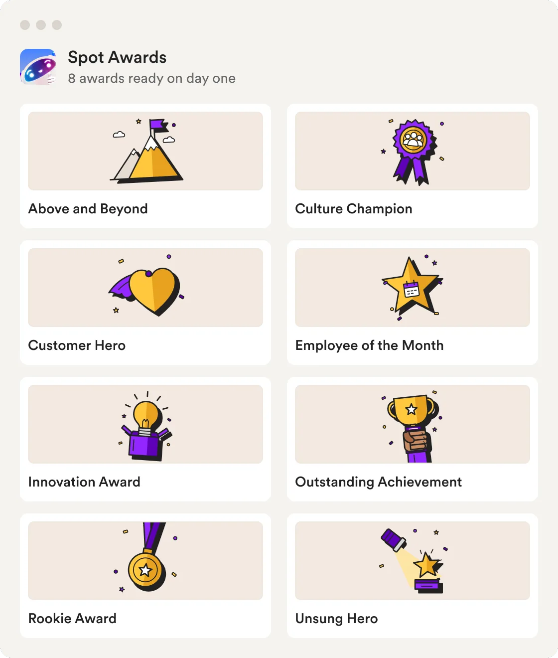 The eight spot awards Matter sets up on day one: Above and Beyond, Culture Champion, Customer Hero, Employee of the Month, Innovation Award, Outstanding Achievement, Rookie Award and Unsung Hero, each with its own banner
