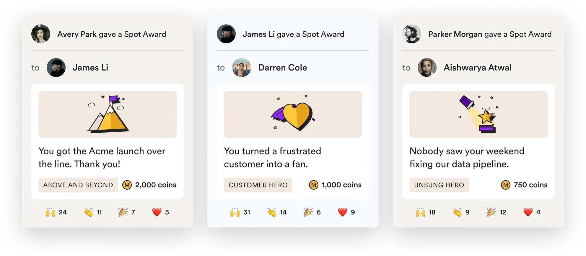 Three spot award posts: Avery Park gives James Li Above and Beyond with 2,000 coins, James Li gives Darren Cole Customer Hero with 1,000 coins, and Parker Morgan gives Aishwarya Atwal Unsung Hero with 750 coins