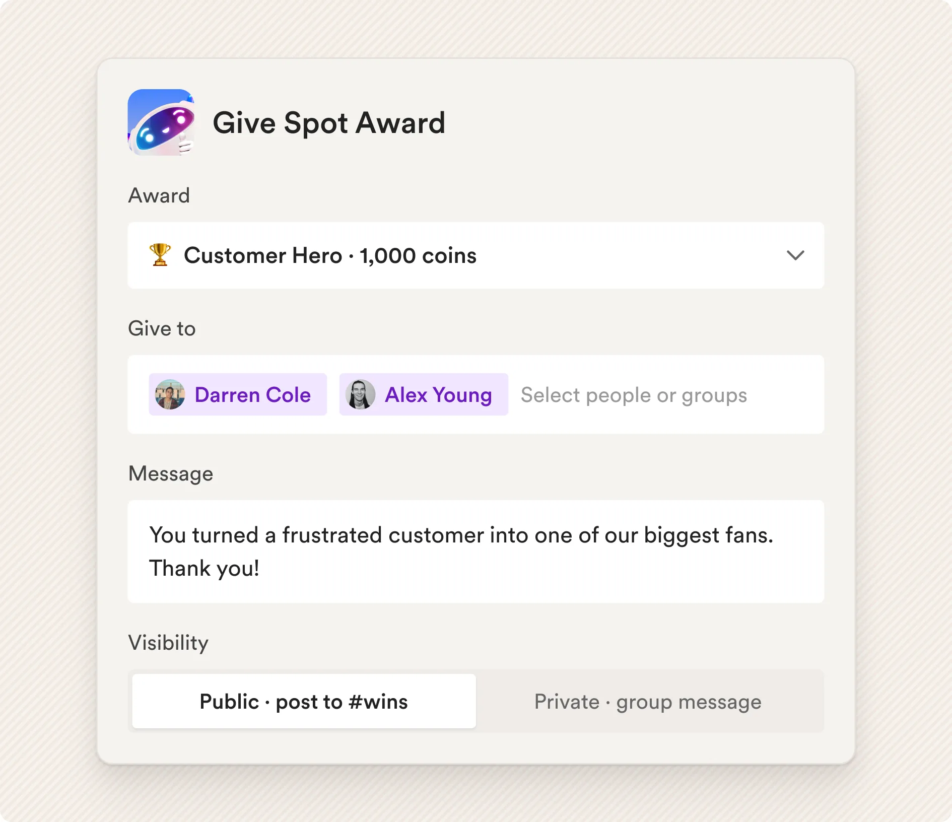 The Give Spot Award form: Customer Hero with 1,000 coins, given to Darren Cole and Alex Young with a message, posted publicly to #wins