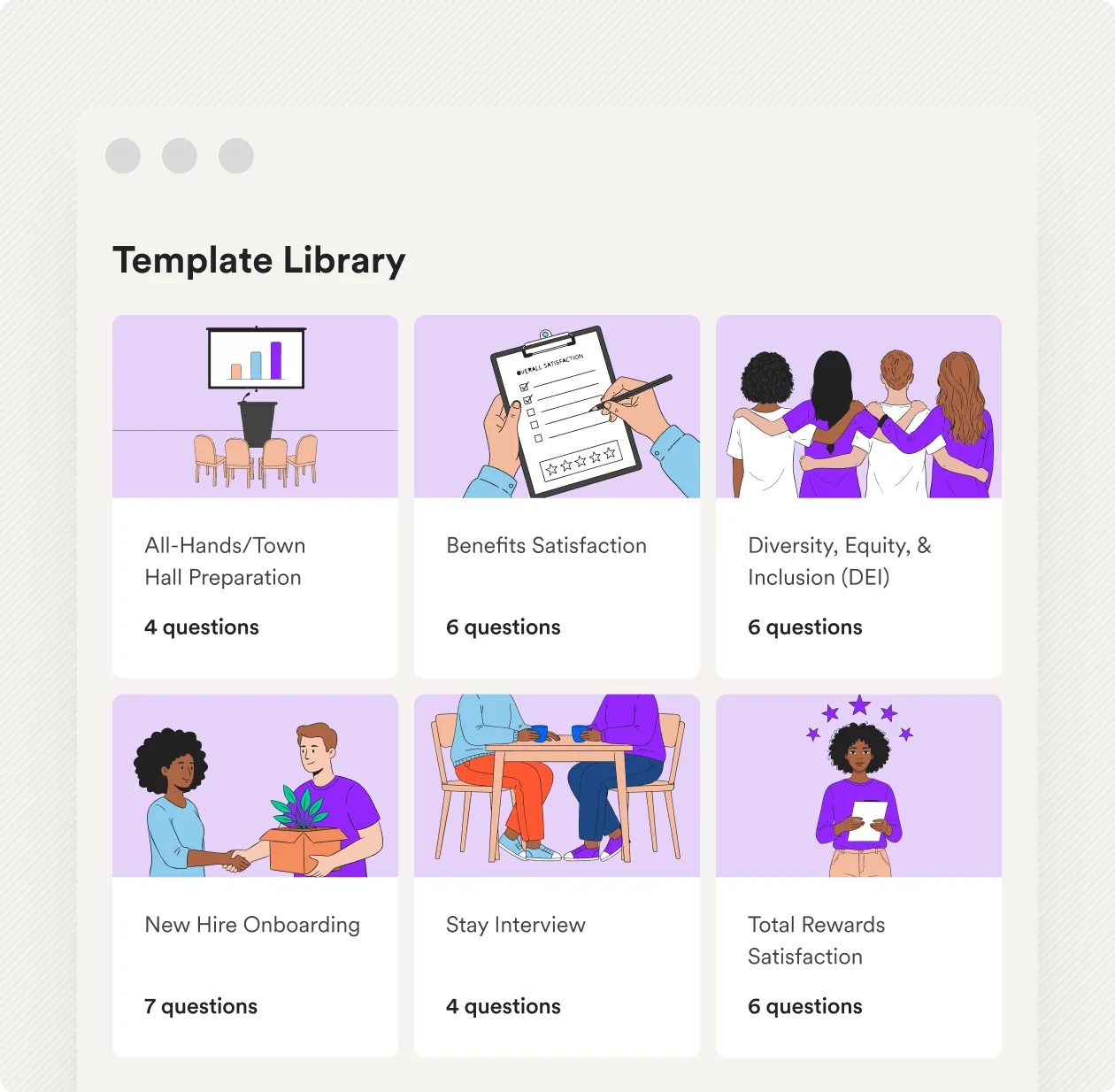 A library of survey templates covering engagement, inclusion, onboarding and exit