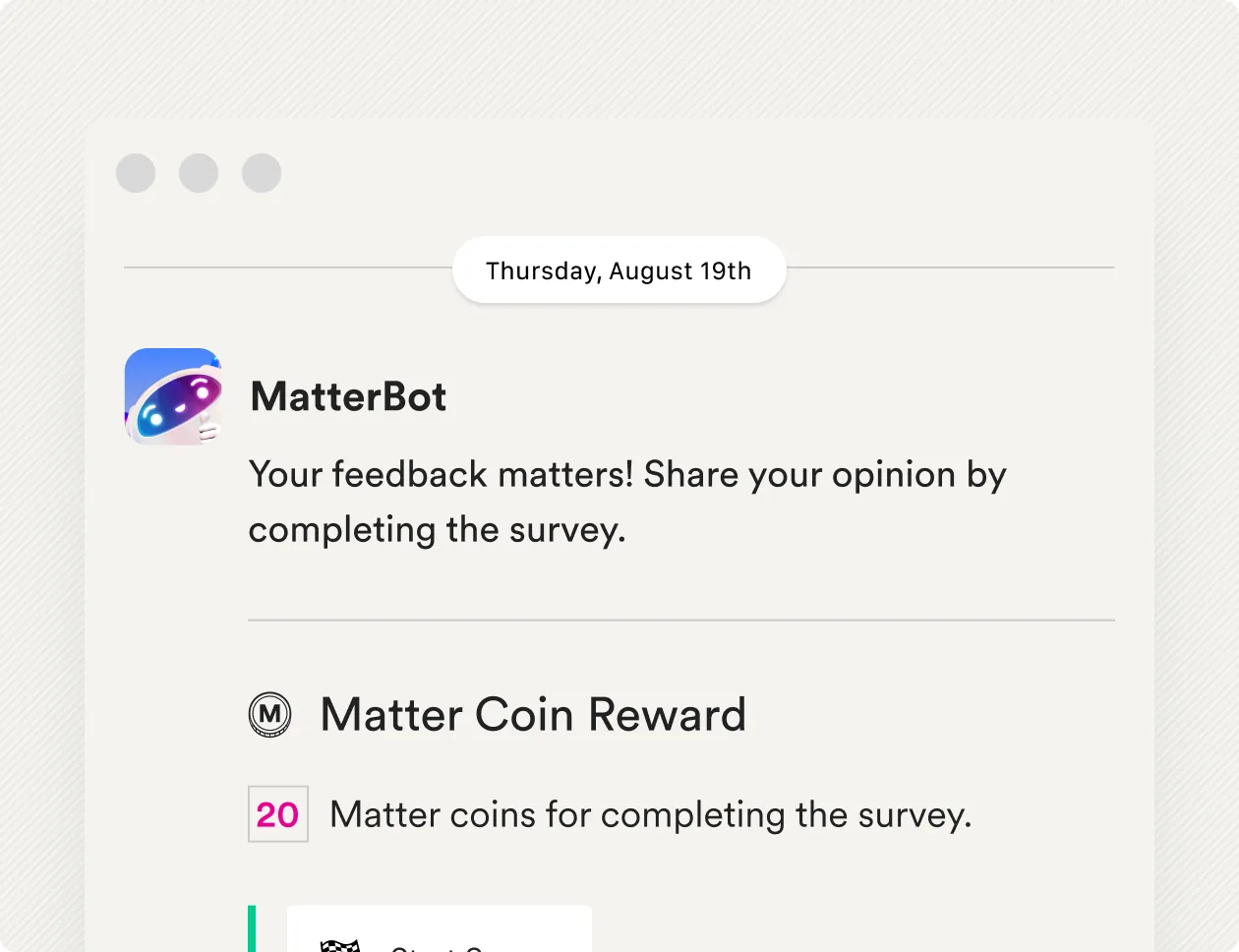 A survey with Matter coins attached as a completion reward