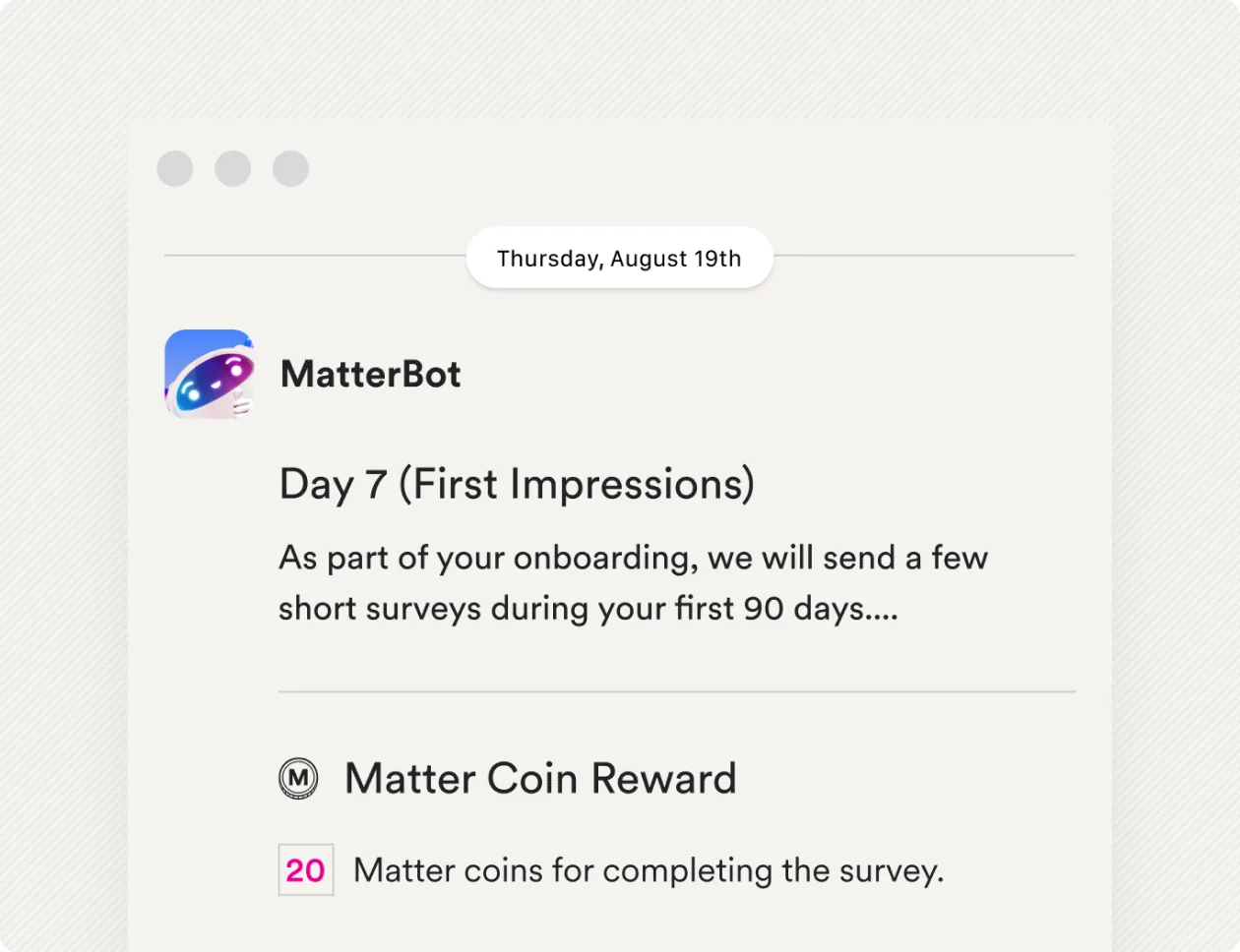 An onboarding survey with Matter coins attached as a reward