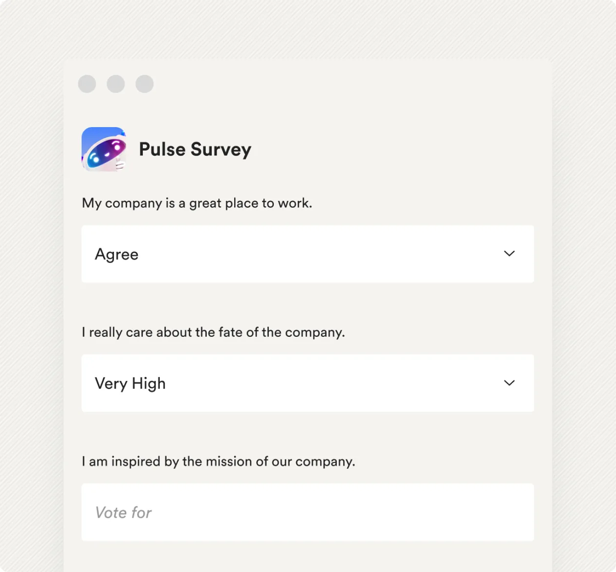 A pulse survey question answered inside Slack