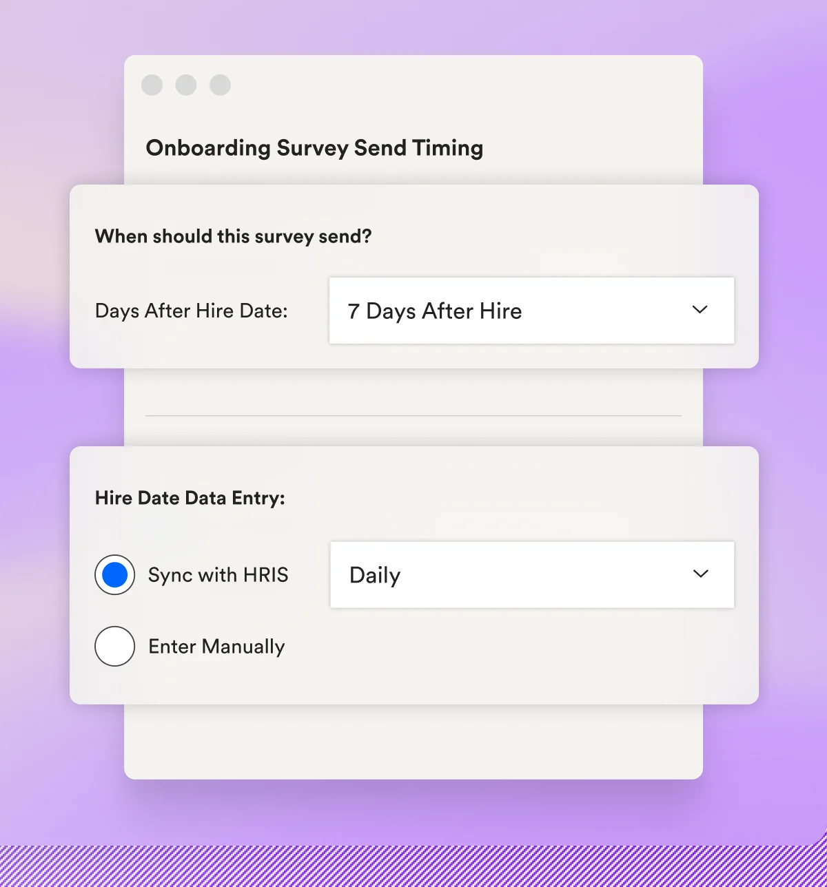 Onboarding survey timing: days after hire date, synced from an HRIS