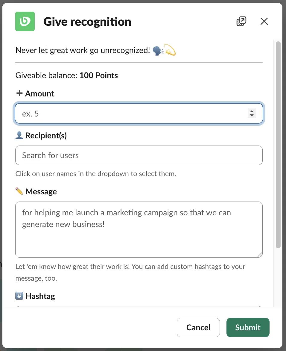 Bonusly Give recognition modal in Slack with points amount, recipients, message, and hashtag fields