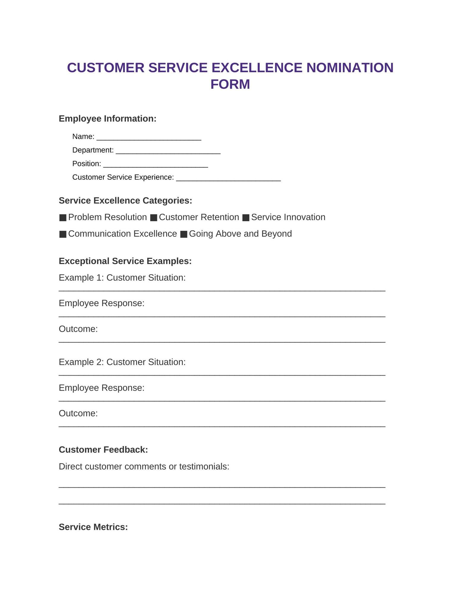 Customer Service Excellence Nomination Template