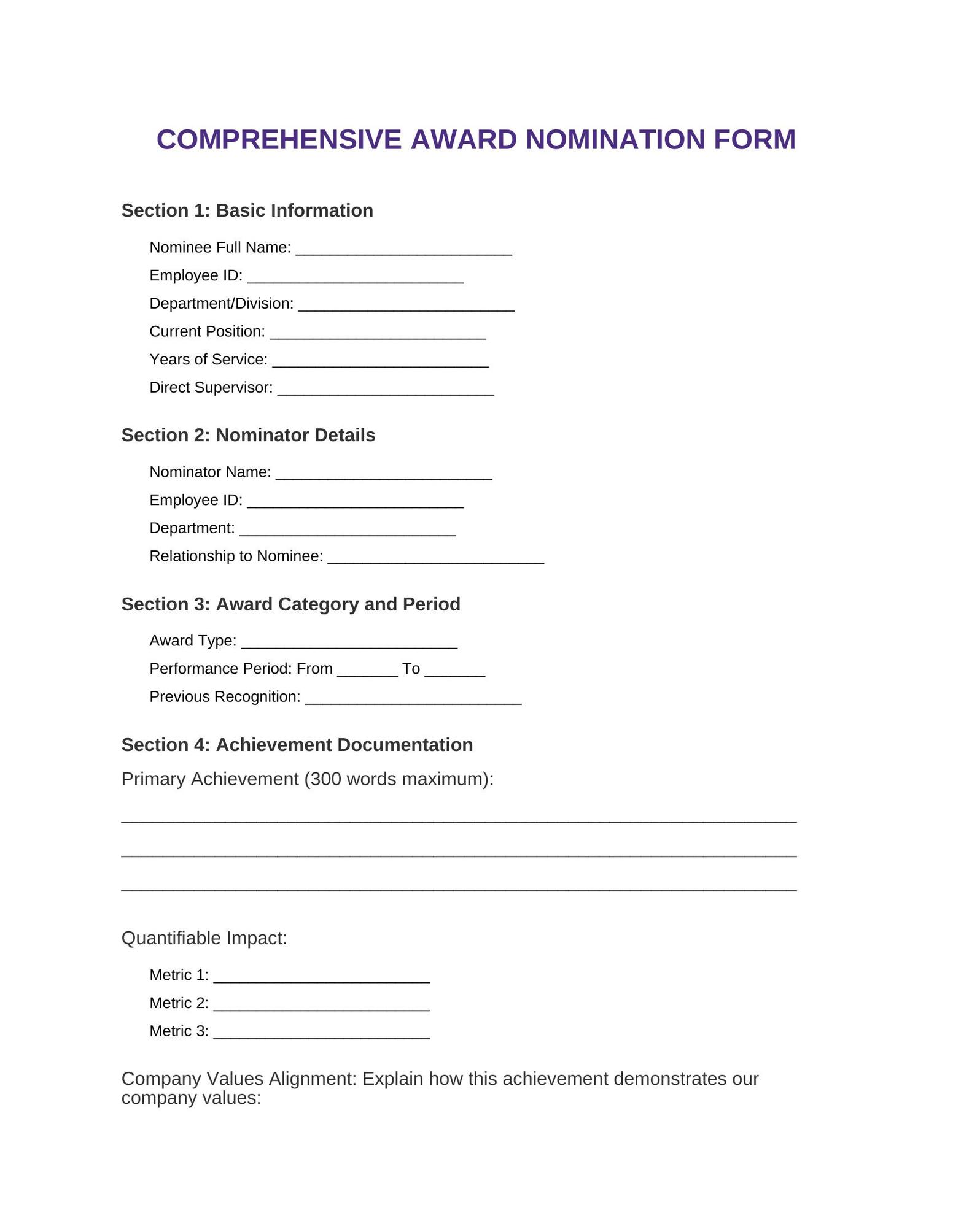 Comprehensive Recognition Nomination Form Template