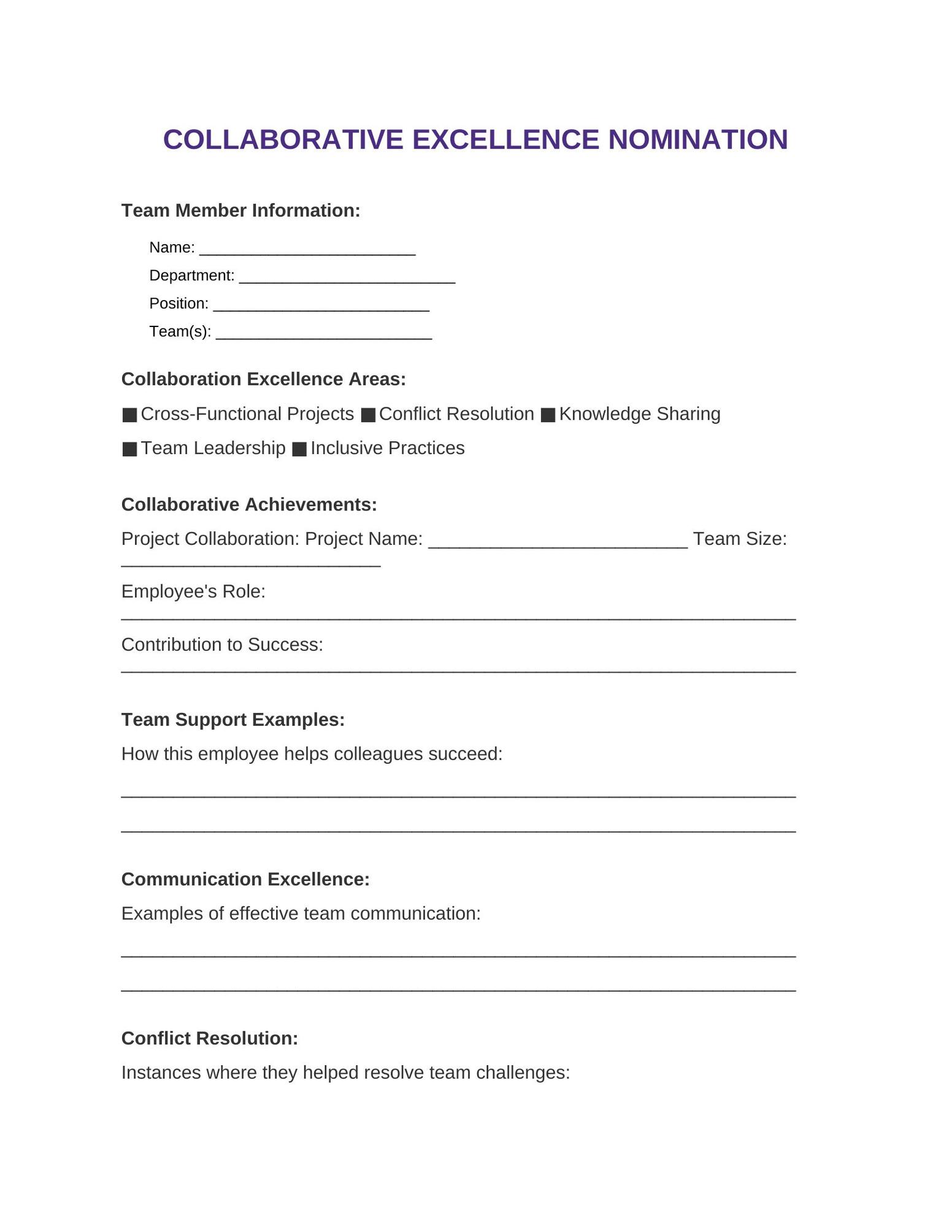 Team Collaboration Excellence Nomination Template