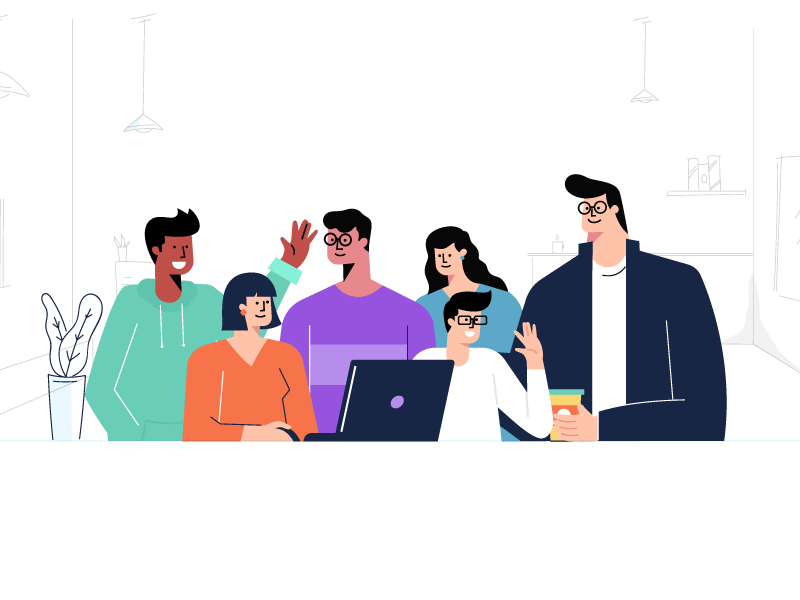 Drawing of six team members smiling and chatting in an office space.