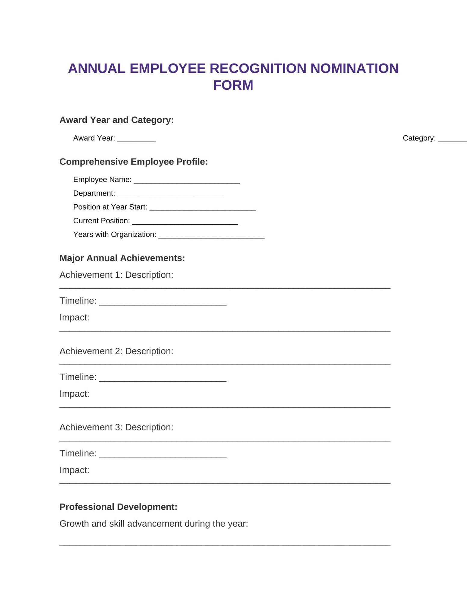 Annual Excellence Award Nomination Template