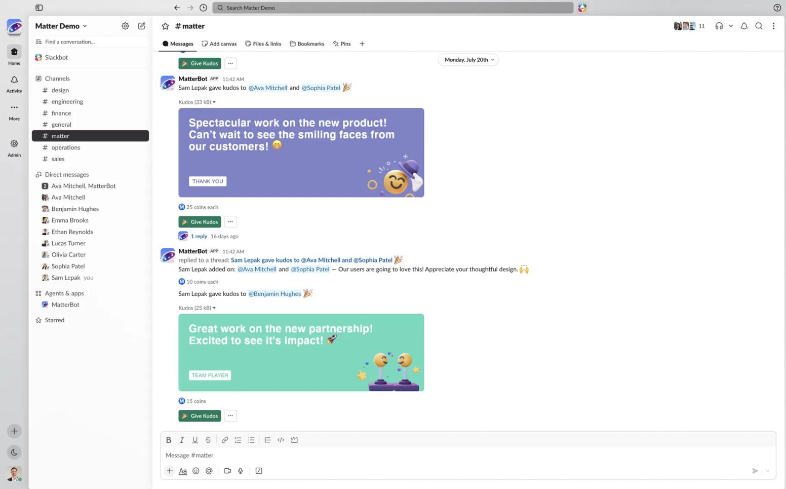 Matter kudos recognition in Slack