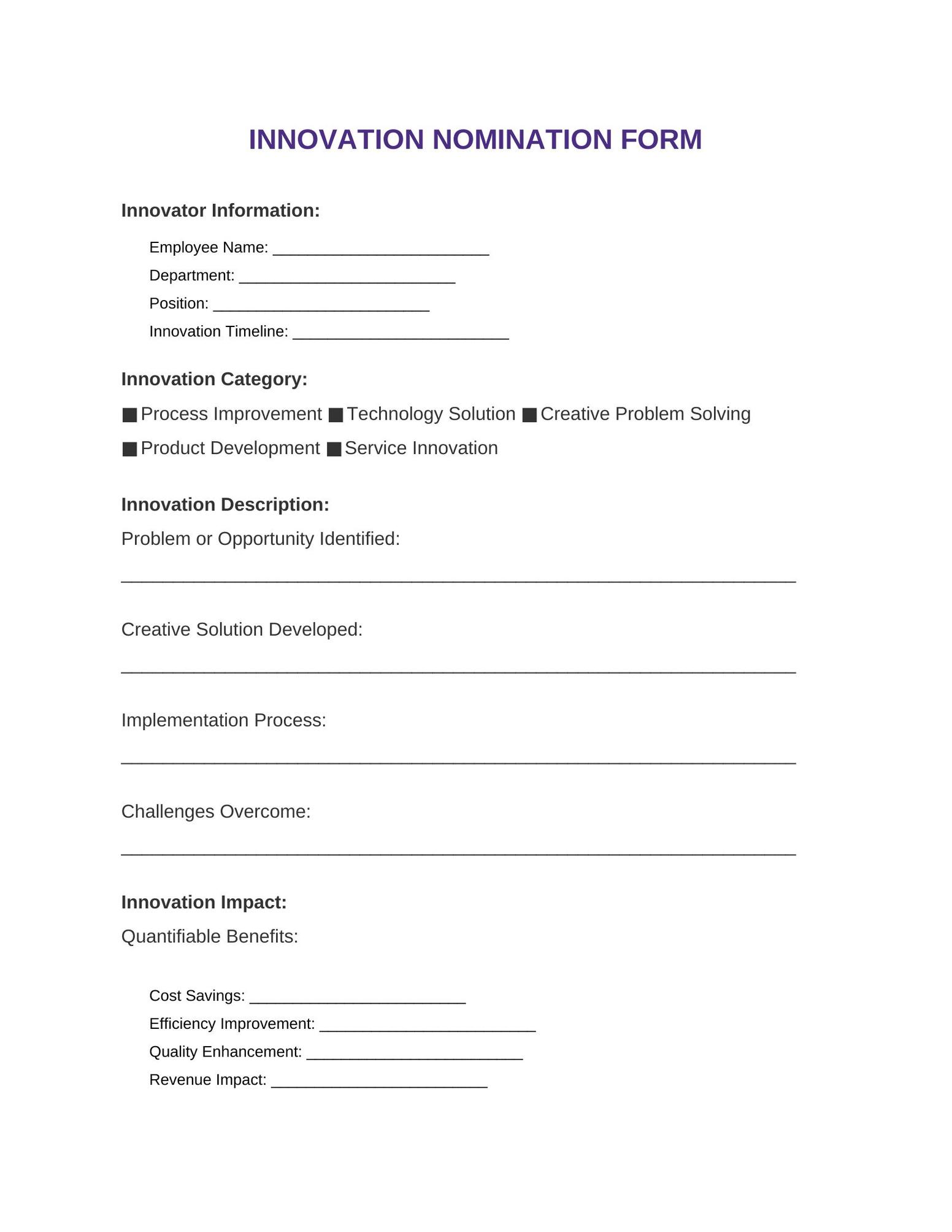 Innovation and Creativity Award Nomination Template