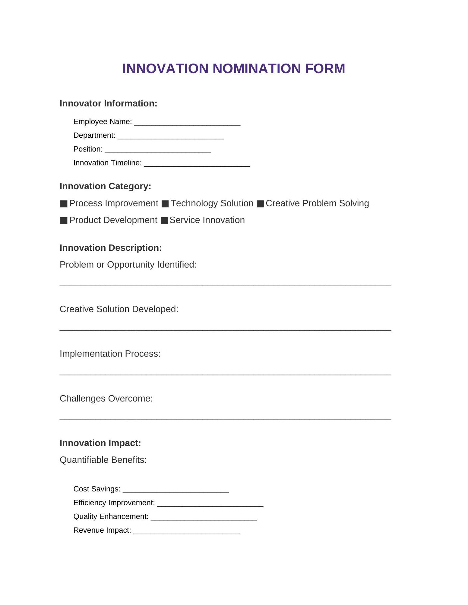 Innovation and Creativity Award Nomination Template