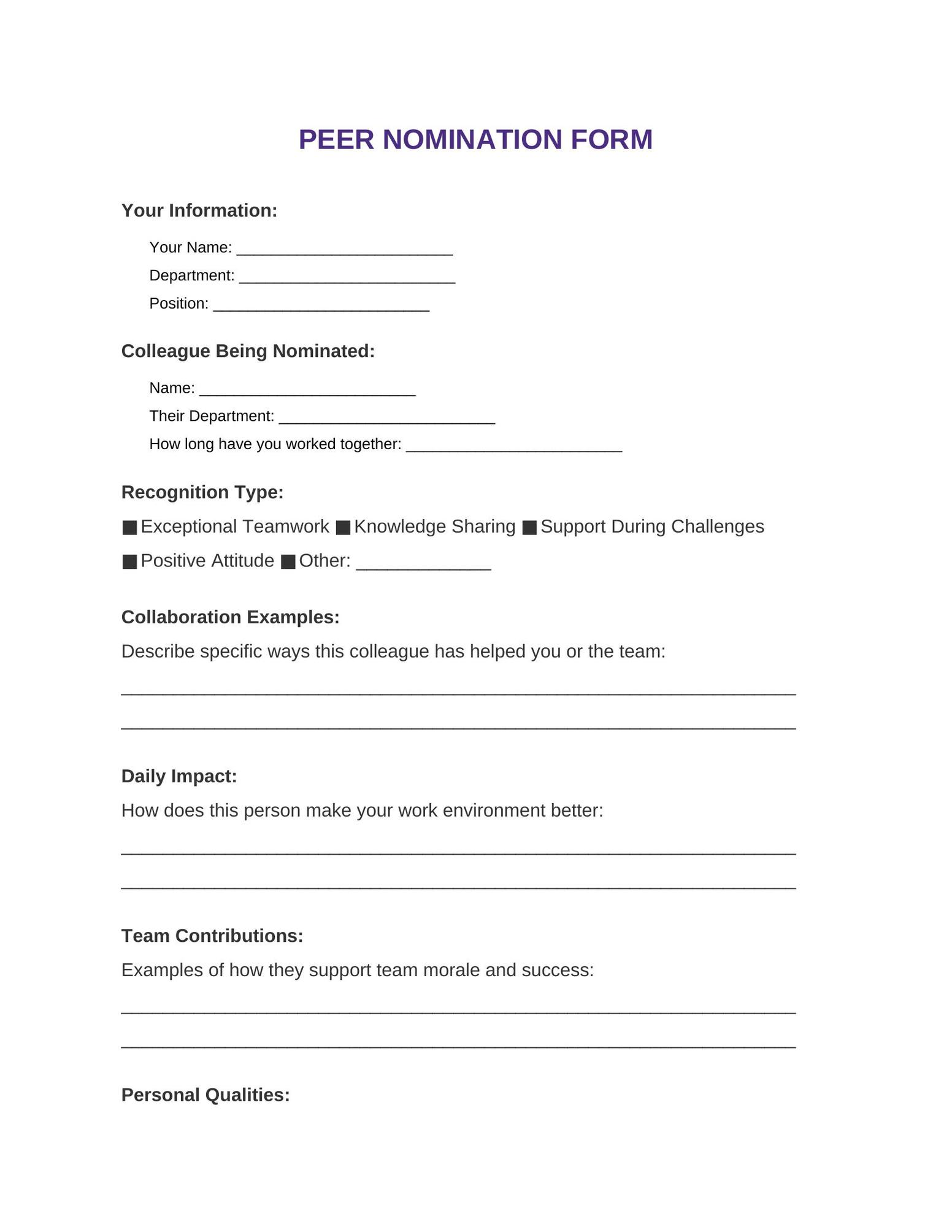 Peer-to-Peer Recognition Nomination Template