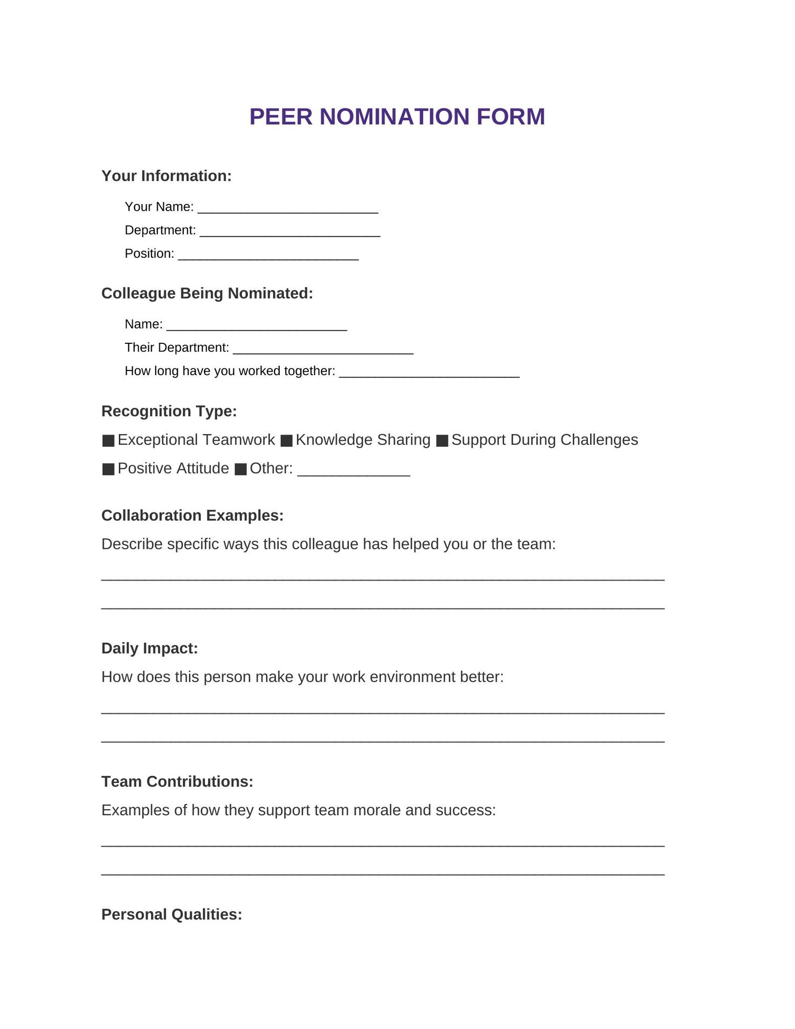 Peer-to-Peer Recognition Nomination Template