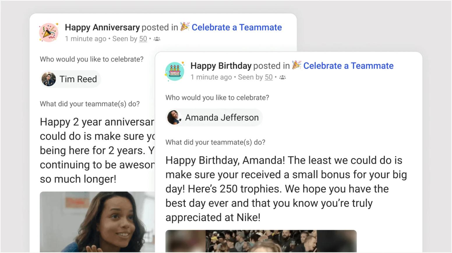 Assembly Celebrate a Teammate posts for a work anniversary and a birthday