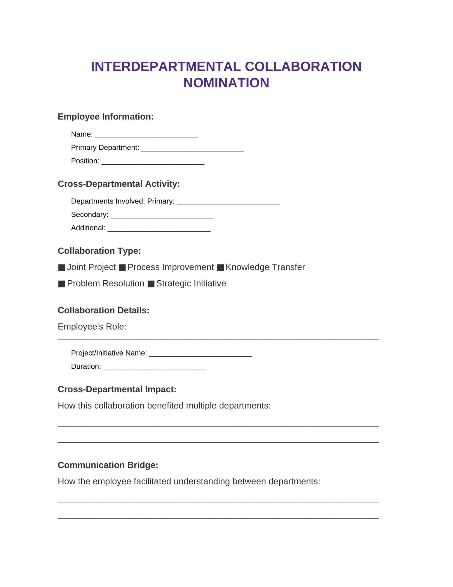 Cross-Departmental Excellence Nomination Template