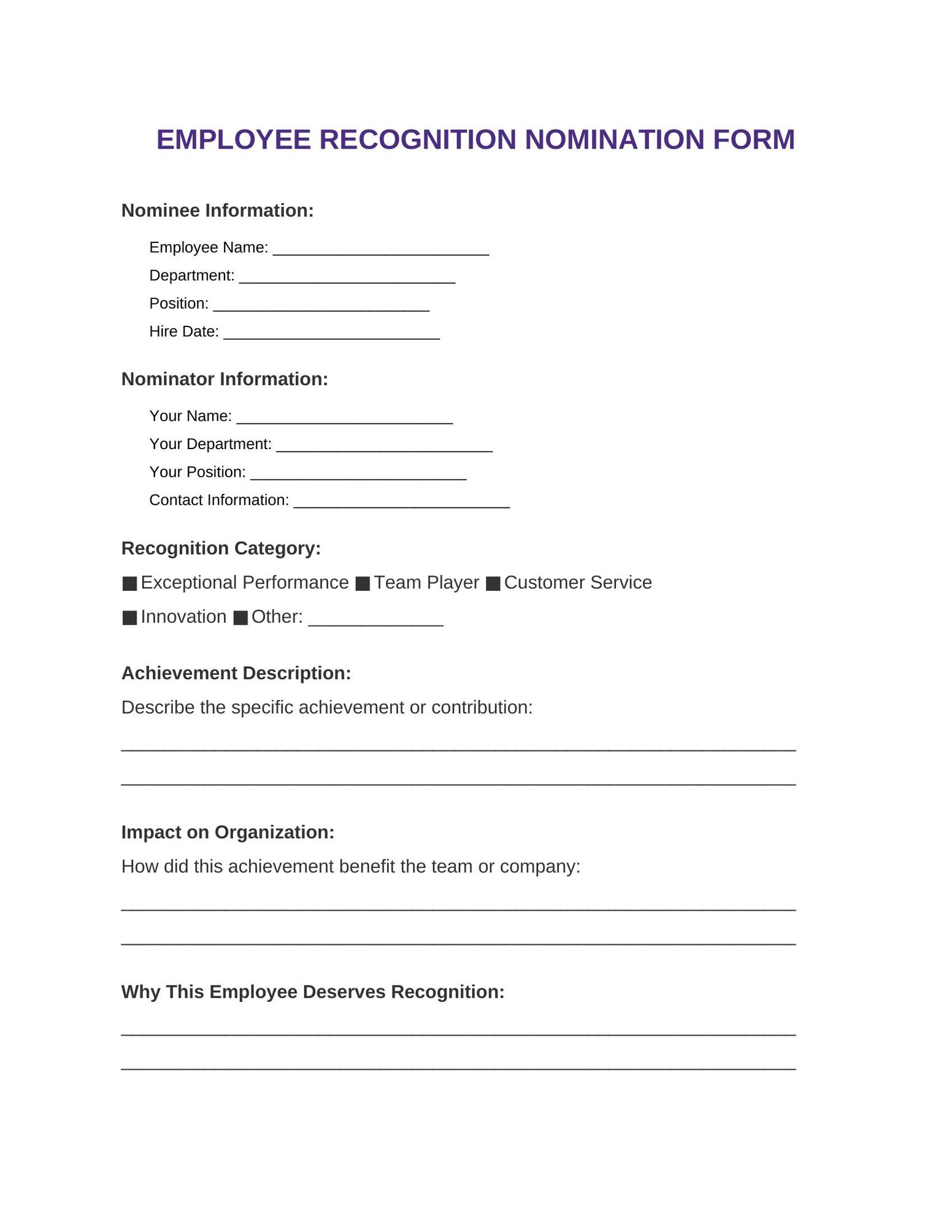 Simple Recognition Nomination Form Template