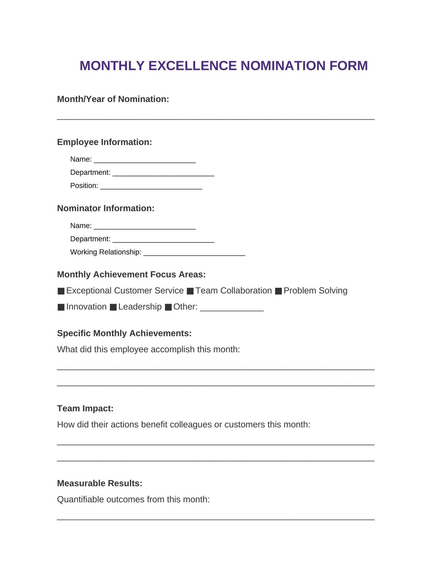 Employee of the Month Nomination Template