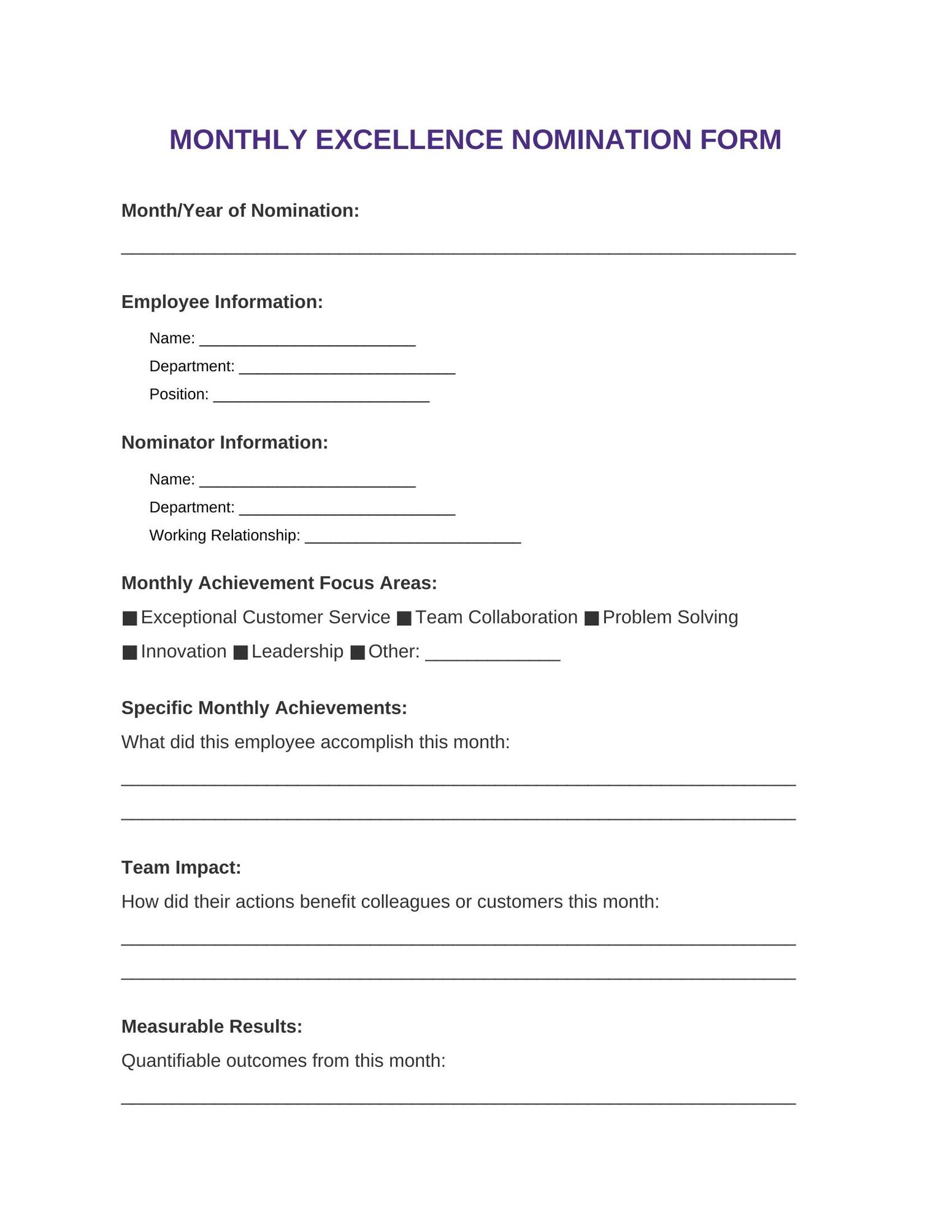 Employee of the Month Nomination Template